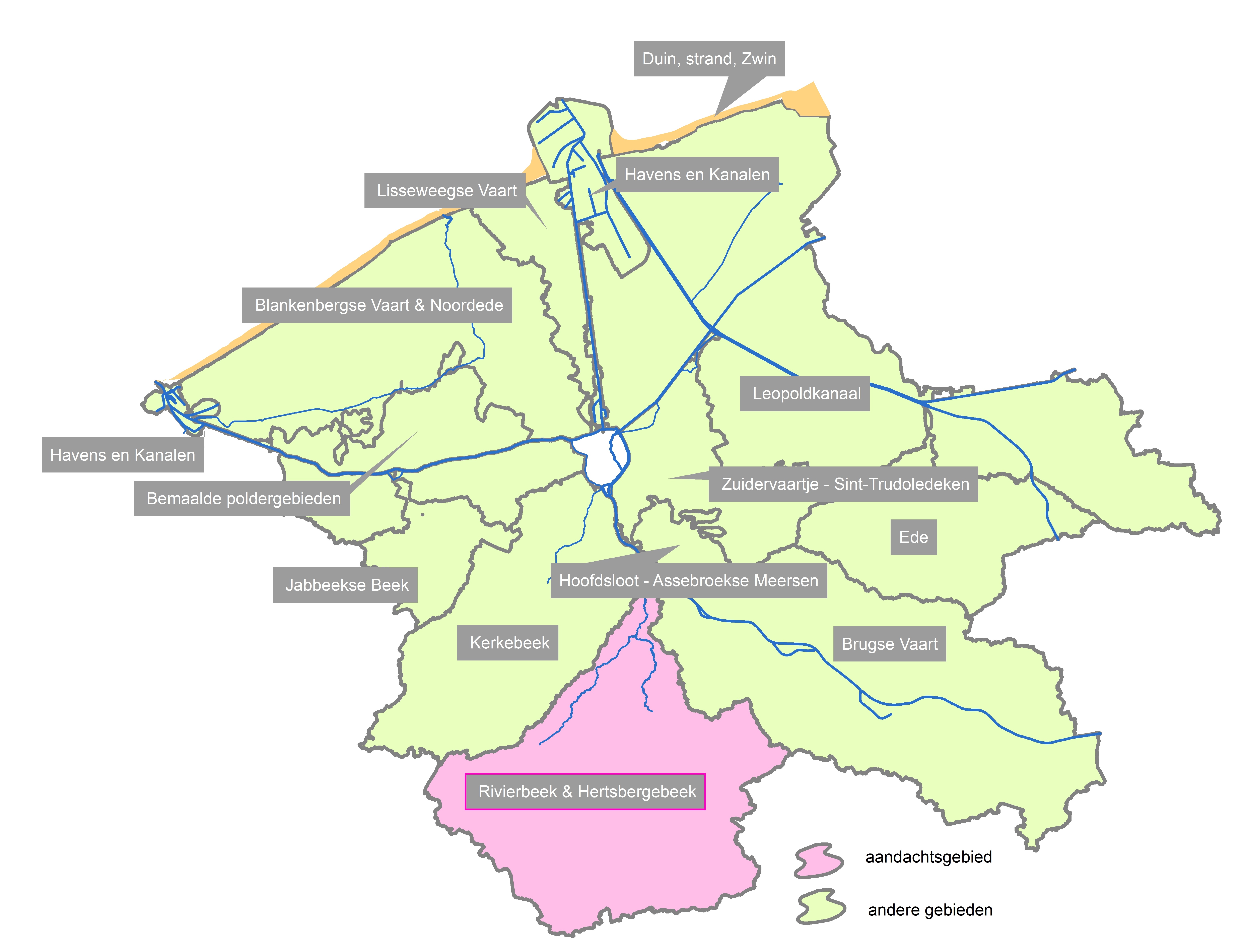 Kaart gebiedsgerichte werking in het bekken van de Brugse Polders (incl. namen)